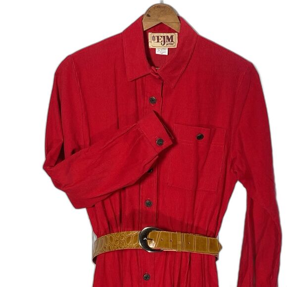 Vtg EJM Dress Corduroy Belted Midi Button Long Sleeve 70s Women 10 P Petite Red